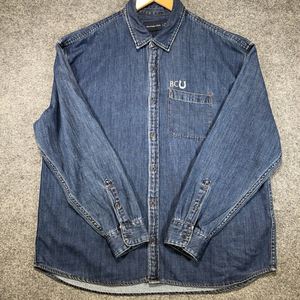 Abercrombie & Fitch Denim Shirt Mens XL Blue BCU Embroidered Pocket Oversize Y2K